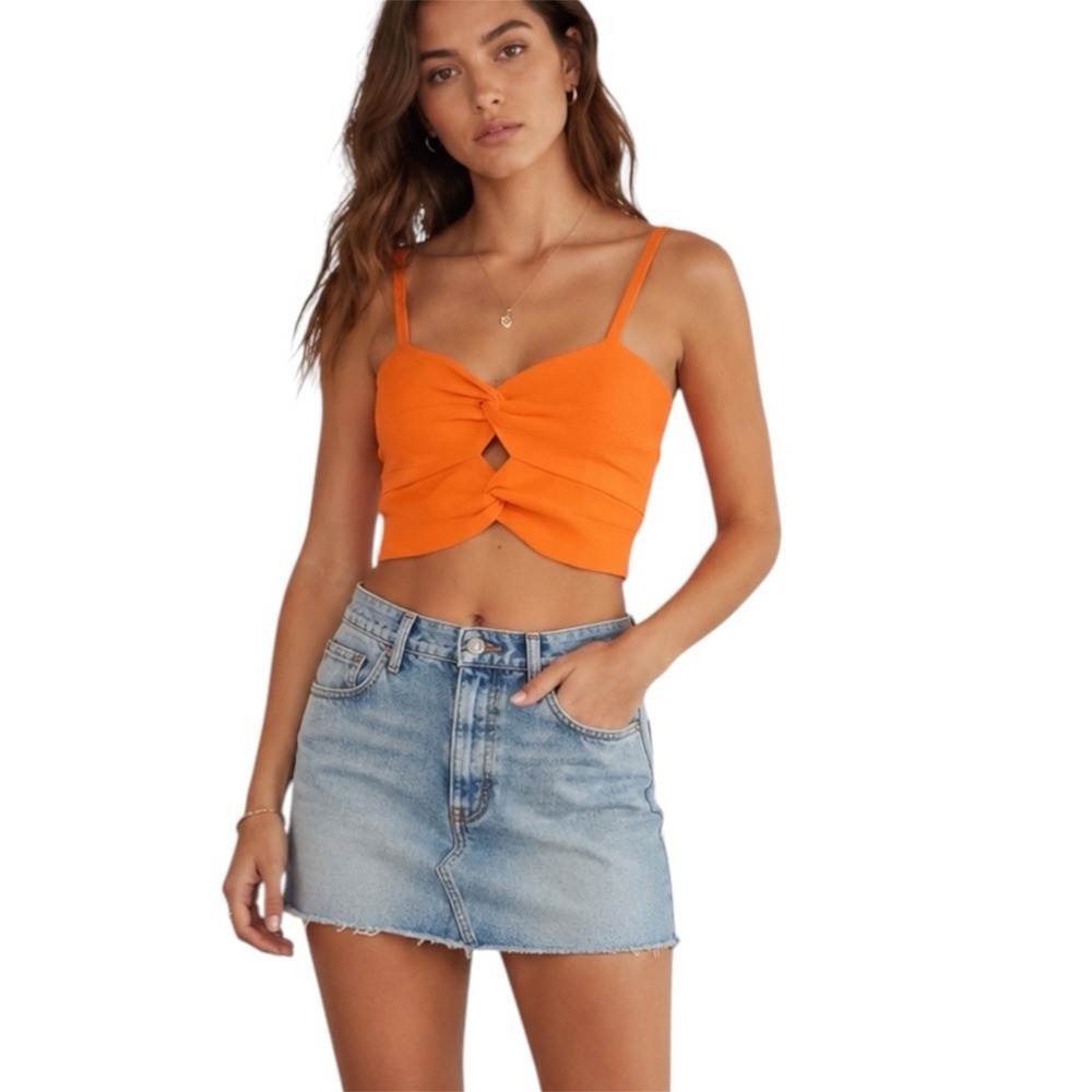 Sandro Orange Twisted Front Crop Top Keyhole Cutout Ribbed Knit Size 0
